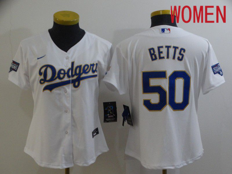 Women Los Angeles Dodgers #50 Betts White Game 2021 Nike MLB Jersey1